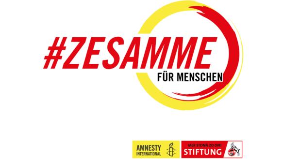 Die Grafik zeigt den Schriftug "Zesamme für Menschen" und darunter die Logos von Amnesty und der Stiftung des 1. FC Köln