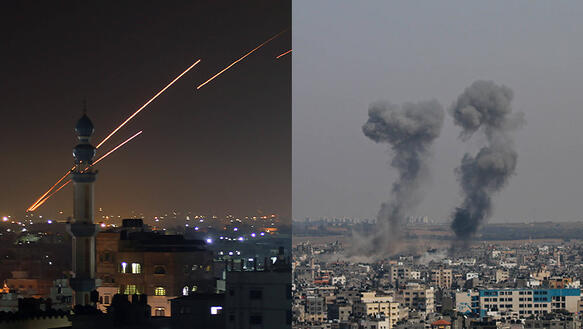 Das Bild zeigt eine Collage mit zwei Bilder:Links sieht man eine Skyline in der Nacht sowie Leuchtspuren von Raketen, im rechten Bild Rauchwolken über einer Skyline am Tag