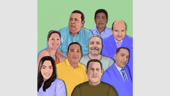Eine Collage bestehend aus Porträtzeichungen von neun Personen.