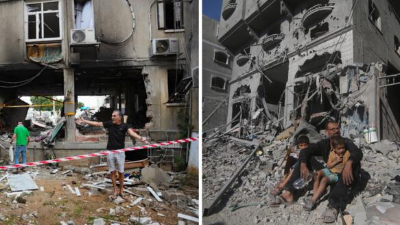 Foto links: Zivilpersonen stehen in der israelischen Stadt Aschkelon vor einem Gebäude, in dem eine von einer bewaffneten palästinensischen Gruppe abgefeurte Rakete eingeschlagen ist (9. Oktober 2023). / Foto rechts: Ein Mann und zwei Kinder sitzen in der palästinensischen Stadt Rafah im Gazastreifen vor den Überresten eines Gebäudes, das durch einen israelischen Angriff zerstört wurde (12. Oktober 2023).