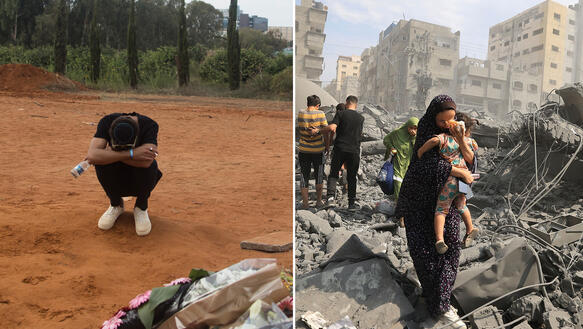 Das Bild zeigt eine Collage: Links eine Person, die am Boden kauert. Rechts eine Mutter, die ihr Kind trägt - im Hintergrund ist ein zerstörtes Haus zu sehen