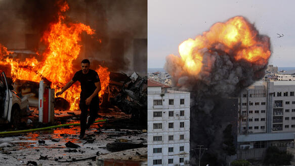Das Foto zeigt eine Collage, auf der Raketeneinschläge dokumentiert sind: Links brennen Autors, rechts brennt ein Gebäude