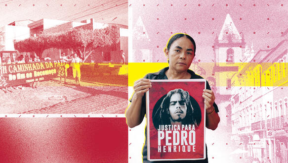 Das Bild zeigt eine Collage mit mehreren Fotos, darunter ist das Bild einer Frau, die ein Plakat hält, auf dem ein Mann mit dem Satz "Justica para Pedro Henrique" zu sehen ist.