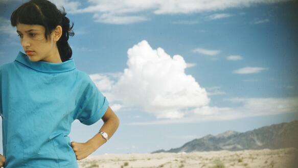 Das Bild zeigt eine junge Frau, im Hintergrund sieht man eine Landschaft mit blauem Himmel