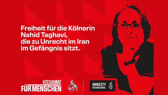 Das Bild zeigt eine Collage mit dem Porträtfoto einer Frau, in weißer Schrift steht dort "Freiheit für die Kölnerin Nahid Taghavi"