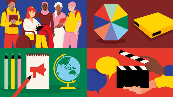 Illustration mit unterschiedlichen Elementen, eine Gruppe von Menschen, Sonnenschirm, Globus und mehr