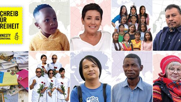   Fotocollage bestehend aus drei Porträtfotos und einem Gruppenfoto in der oberen Reihe und drei Porträtfotos, einem Gruppenfoto und einem Stapel Briefe in der unteren Reihe. Oben links steht auf einer Briefmarkengrafik: Schreib für Freiheit!