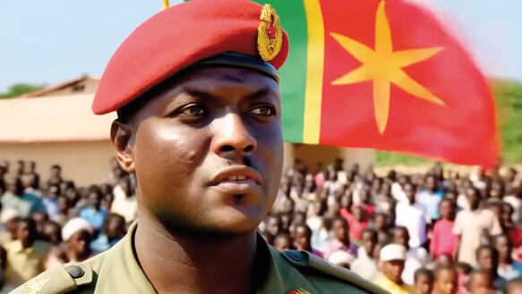 Der Präsident Burkina Fasos, Ibrahim Traoré, trägt die ikonische Mütze, die an Che Guevara erinnert, ein Beret – hinter ihm stehen Menschen und weht eine Flagge.