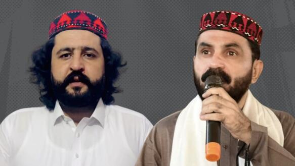 Collage bestehend aus zwei Porträtsfotos von Hanif Pashteen und Noor Ullah Tareen. Sie tragen eine traditionelle Kopfbedeckung. Noor Ullah Tareen spricht in ein Mikrofon, das er in seiner linken Hand hält. 