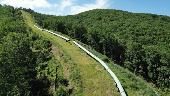 Bau einer Pipeline, eine Schneise wurde durch eine hügelige Waldlandschaft geschlagen, dort liegen Rohrversatzstücke aneinander gereiht.