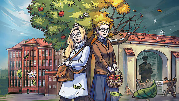 Screenshot einer Szene in einem Computerspiel, eine junge Frau und ein junger Mann stehen vor einem Apfelbaum, links von ihnen ein Schulgebäude bei Sonnenschein, rechts eine düstere Szene mit einem kahlen Baum und einem Grenzbeamten an einem Schlagbaum.