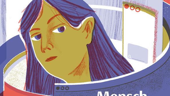 Gezeichnete Illustraion: Eine Person mit langen Haaren ist umzingelt von gebogenen Browser-Fenster, die eine Art Trichter um die Person herum bilden. Das Logo des Amnesty Journals thront über der Seite, unten steht der Titel "Mensch gegen Maschine".