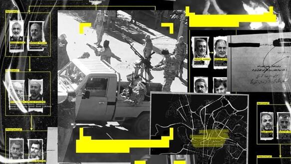Die Collage zeigt unter anderem bewaffnete Sicherheitskräfte auf einem Jeep und Porträtfotos von Männern in Uniform.