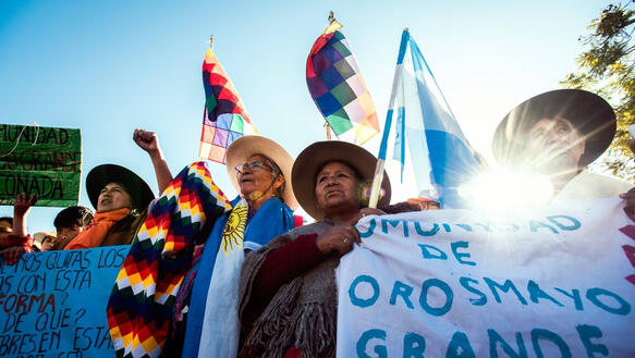Foto von Demonstrierenden in traditioneller Kleidung mit Fahnen, Bannern und Plakaten.