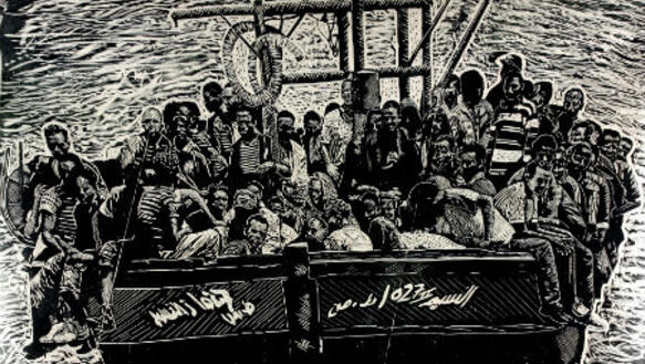 Der Holzschnitt des deutschen Künstlers Thomas Kilpper "Auswanderung nach Europa via Lampedusa"