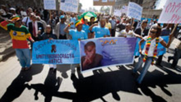Demonstranten fordern in Addis Abeba die Freilassung von Birtukan Mideksa, April 2009