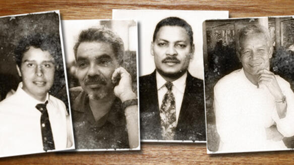 Die Verschwundenen Héctor Rangel Ortiz, Prageeth Eknaligoda, Juan Almonte Herrera und Sombath Somphone (v.l.n.r.)