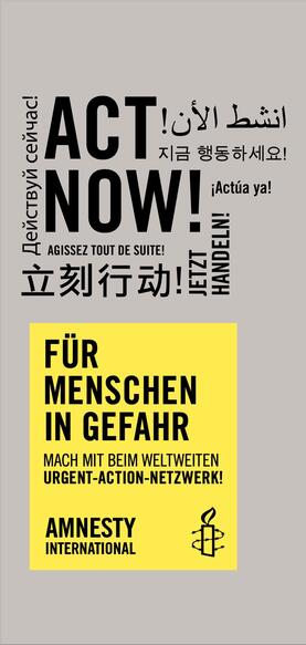 Cover eines Faltblatts zum Thema Urgent Actions mit dem Schriftzug "Act now" in verschiedenen Sprachen