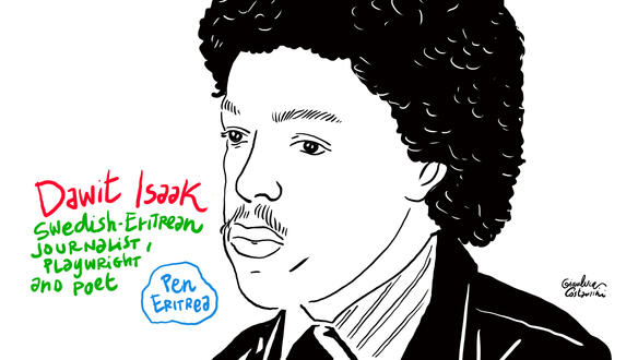 Das Bild ist eine grobe Portraitskizze eines Mannes. Er hat kurze, schwarze Locken, einen Schnurrbart und trägt eine Krawatte. Neben seinem Kopf steht in roter Farbe sein Name und mit in grün steht "Swedish-Eritrean Journalist, Playwright and poet".
