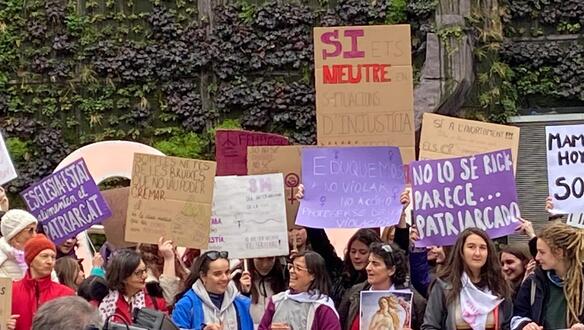 Das Foto zeigt mehrere Frauen bei einer Demonstration mit Schildern und Plakaten.
