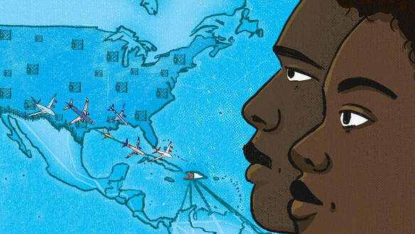 Das Bild zeigt eine Illustration, die Gesichter zweier Menschen rechts, links zu sehen eine Karte der USA, sowie Flugzeuge