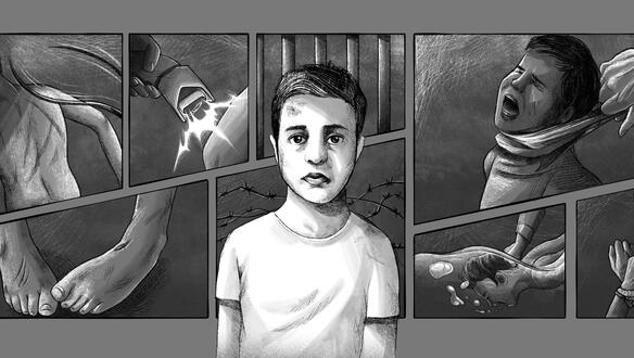 Das Bild zeigt eine Illustration in schwarz-weiß, darauf zu sehen sind mehrere Kinder die misshandelt werden