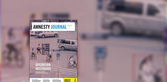 Oben auf der Seite steht in einem Balken: "Amnesty Journal", das Titelfoto zeigt eine gescannte Straßenszene mit Autos, Fahrradfahrern und Fußgängern.