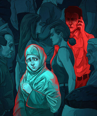 Illustration von einer Frau, die in einer Menschenmenge nervös um sich blickt, drei umstehende Menschen sind rot eingefärbt und haben den Blick auf sie gerichtet