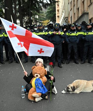 Eine Frau mit georgischer und europäischer Fahne und einem Teddybär sitzt auf der Straße vor einer Reihe Polizisten.