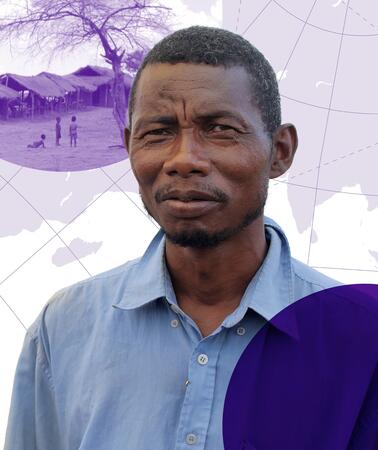 Collage: Porträtfoto von Damisoa. Im Hintergrund ist eine Weltkarte abgebildet und Foto von spielenden Kindern vor Hütten.