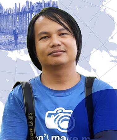 Collage aus einem Porträtfoto von  Sai Zaw Thaike und einer Grafil, die aus der Weltkarte und einem Foto besteht, auf der eine Person einen Holzwall fotografiert.